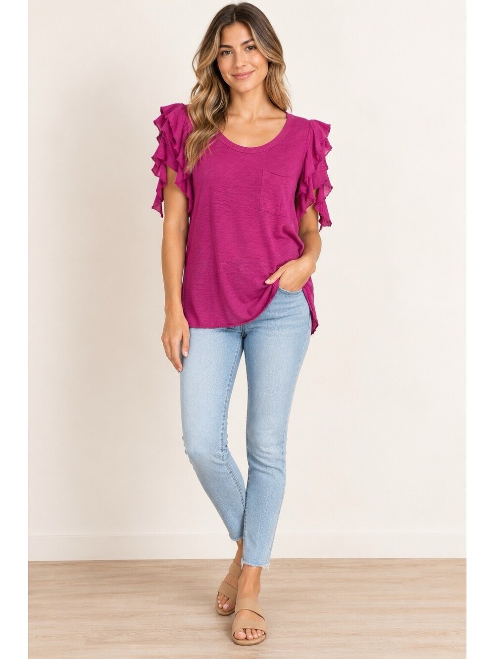 Free People We The Free So Easy Tee XS Fuchsia Ruffle Sleeve NWT